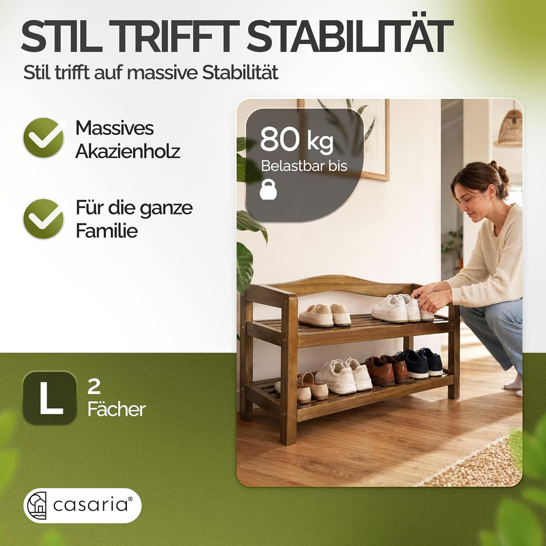 Casaria® Schuhregal mit 2 Ebenen 75x26x42cm FSC®-Zertifiziert Akazien Holz Massiv Bad Diele Flur Bad
