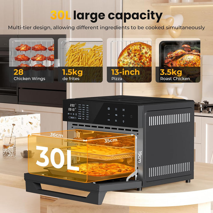 Heissluftfritteuse XXL 30L – Heissluftofen mit LED-Touchscreen, Umluft, 21 Programme, 2 Kochmodi, 18