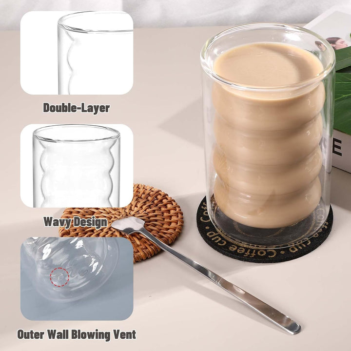 Mkitnvy 4er Set Doppelwandige GläSer mit 4 Löffeln und 4 Untersetzern, 350ML ThermogläSer Doppelwand