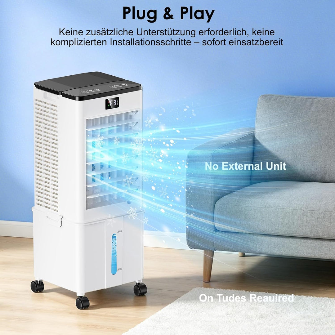 Klimaanlage Mobil 10L ohne Abluftschlauch, 60W Luftkühler 4-in-1 mit 12H Timer, 4 Modi, 120°Schwenkf
