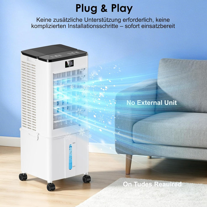 Klimaanlage Mobil 10L ohne Abluftschlauch, 60W Luftkühler 4-in-1 mit 12H Timer, 4 Modi, 120°Schwenkf