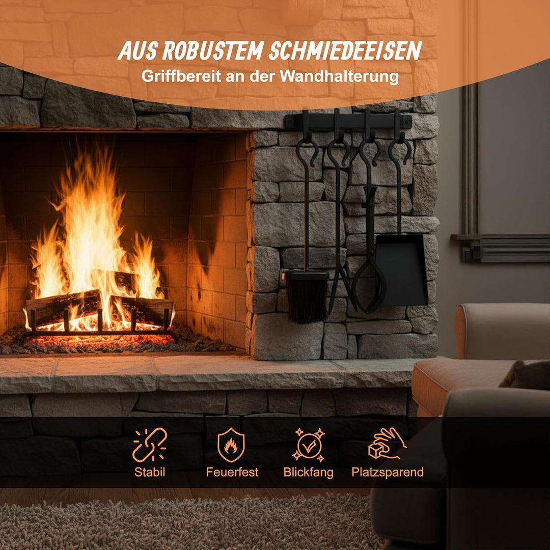 Relaxdays Kaminbesteck, 5-TLG. Set, Schürhaken, Schaufel, Aschebesen, Feuerzange, Wandhalterung, Ofe