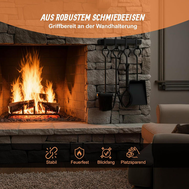 Relaxdays Kaminbesteck, 5-TLG. Set, Schürhaken, Schaufel, Aschebesen, Feuerzange, Wandhalterung, Ofe