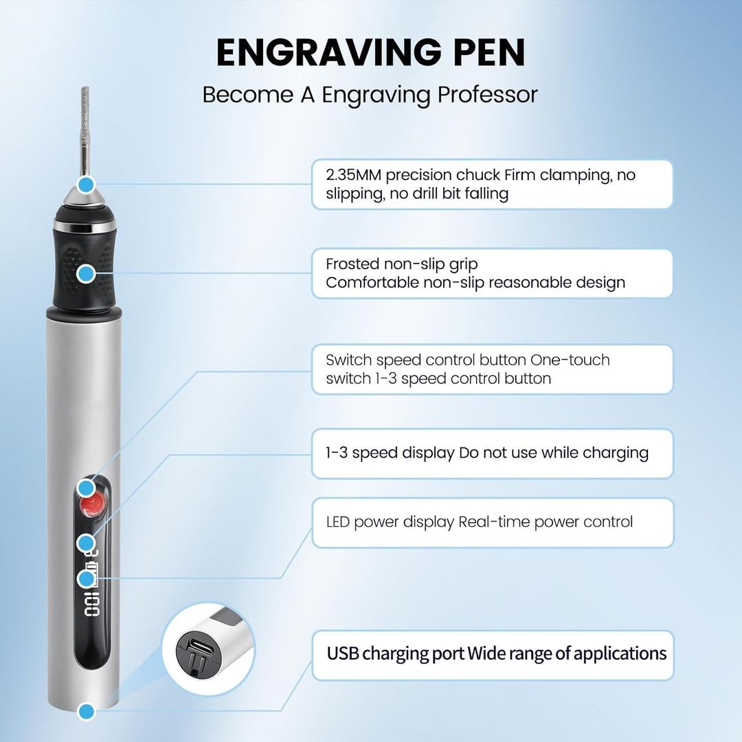 Elektrischer Gravierstift mit 30 Bit, multifunktionales Gravurwerkzeug, 3 Geschwindigkeitsstufen, tr