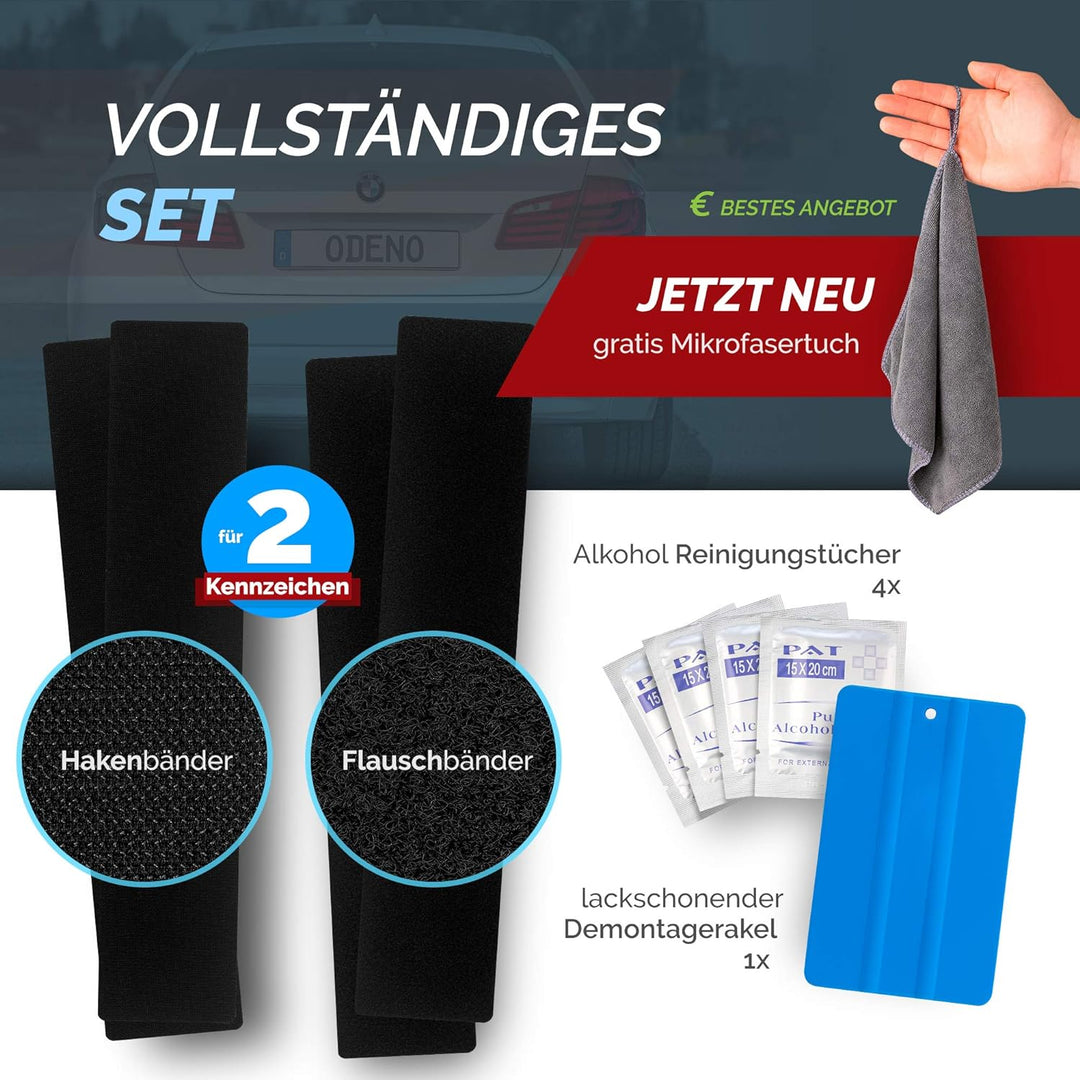 DAS ORIGINAL - ODENO® Klett Kennzeichenhalter-Set Rahmenlos selbstklebend - Nummernschildhalterung f