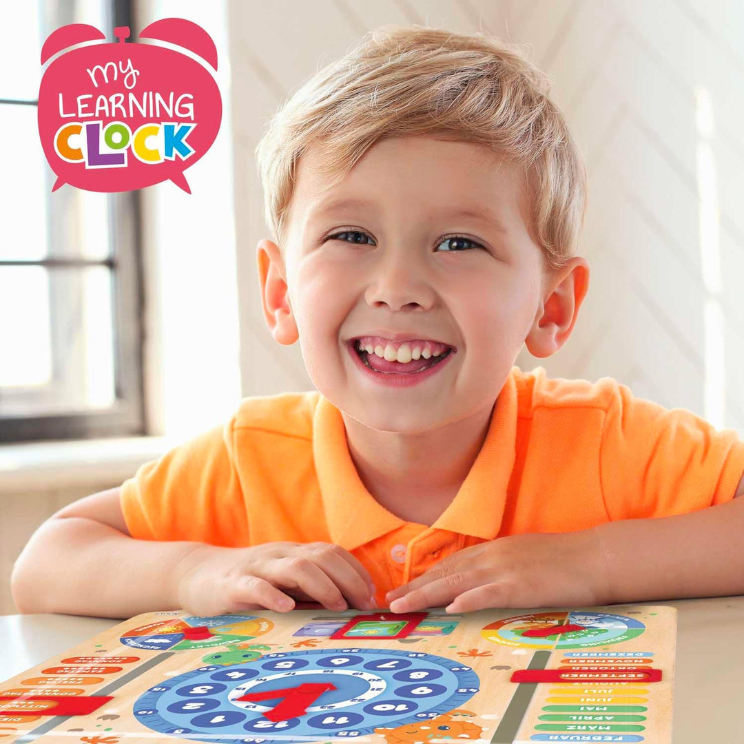 CRAZE My Learning Clock Dino - Lernuhr für Kinder aus Holz, Kalenderuhr zum Lernen für Kinder, Lernt