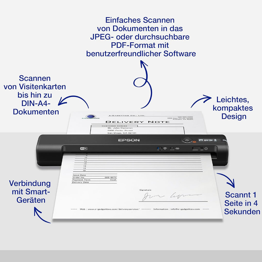 Epson WorkForce ES-60W mobiler Dokumentenscanner (Scanner, DIN A4, integrierter Akki, 600dpi, WiFi,