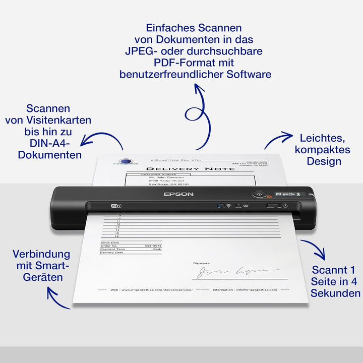 Epson WorkForce ES-60W mobiler Dokumentenscanner (Scanner, DIN A4, integrierter Akki, 600dpi, WiFi,