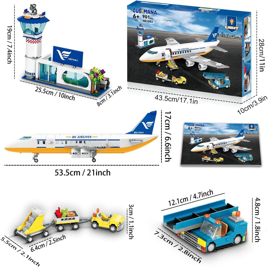 901PCS Flughafen Bauspielzeug | Grosses City Passagierflugzeug Bauset mit LED-Licht, 2 Gepäckwagen,