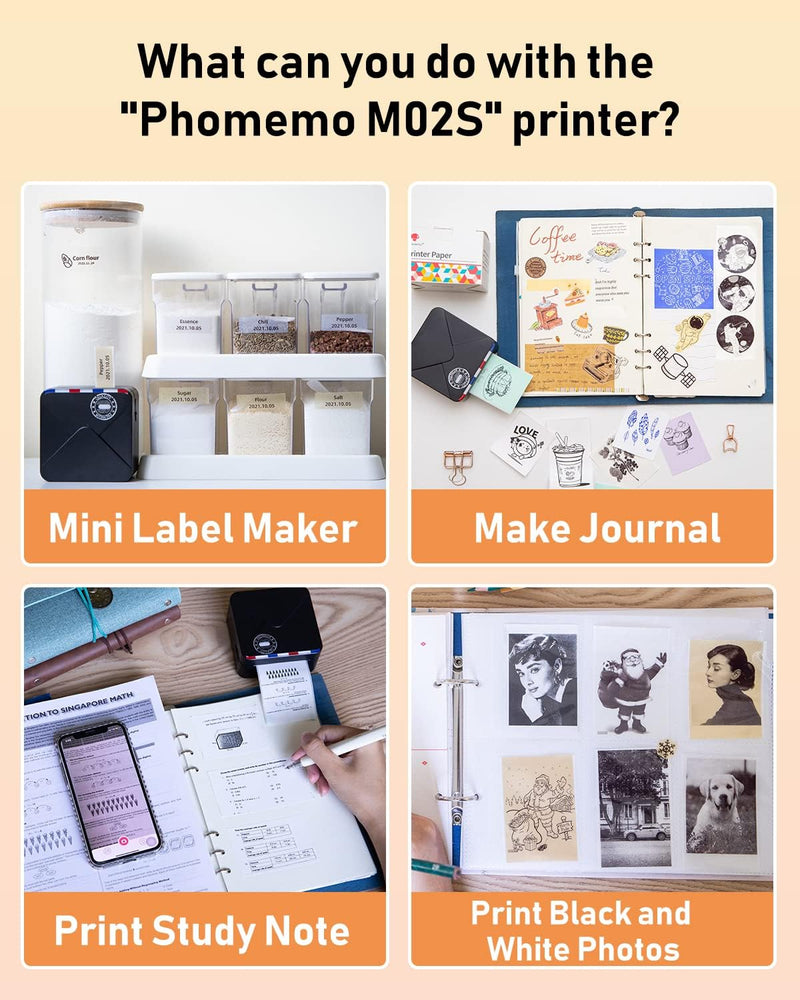 Phomemo M02S 300 DPI Thermodrucker, Taschendrucker Mini Drucker für Handy mit 6 Papierrollen, Kompat