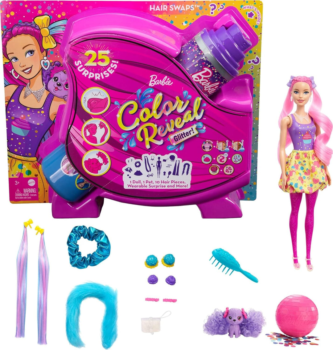 Barbie HBG39 - Color Reveal Cupcake Haarwechsel Puppe, Glitzerpink Spielset mit 25 Überraschungen ru