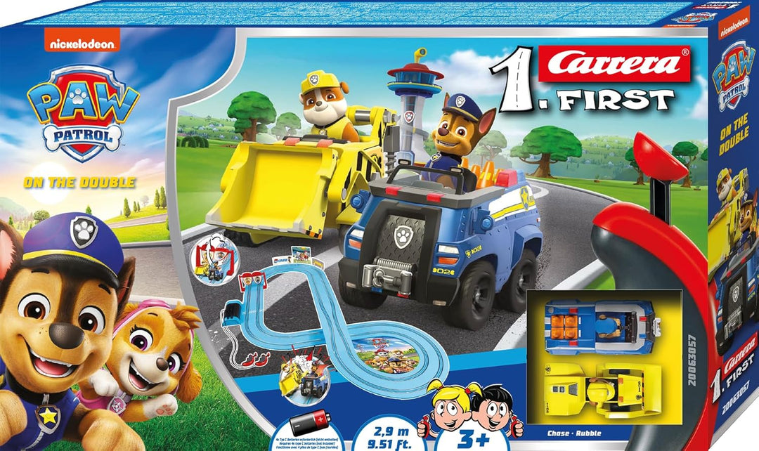 Carrera First PAW Patrol, On The Double – Spielbahn mit Chase & Rubble, spannende Abenteuer mit Flip