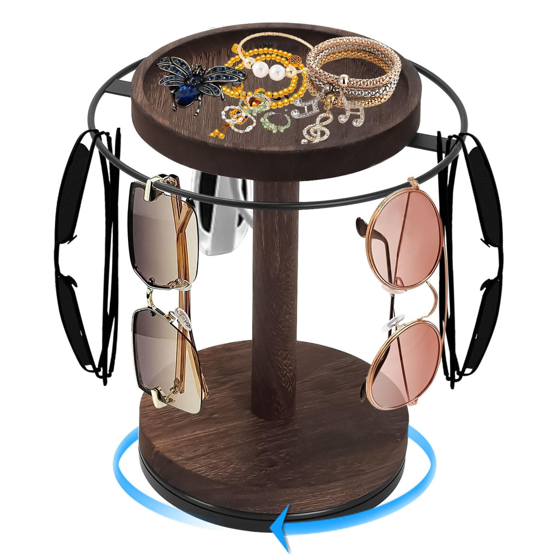 Qivine Brillenständer für Mehrere Brillen, Metallrahmen Brillenhalter Tisch mit Holzsockel, 360° Dre