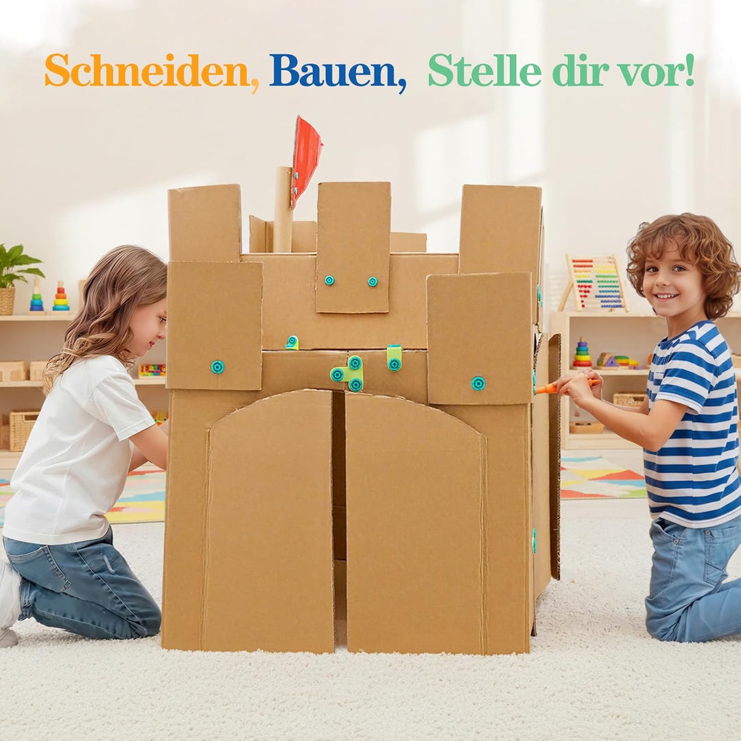 Kibbidea Karton-Baukasten für Kinder (170 Teile), Werkzeugkasten aus recycelter Pappe, Kreatives STE