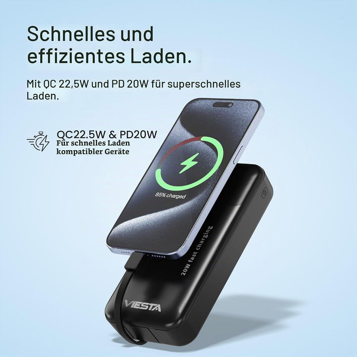 Powerbank 20.000 mAh Schwarz – 22,5 W Schnelllade-Powerbank mit PD 20W, integriertem USB-C- &amp; Lightn