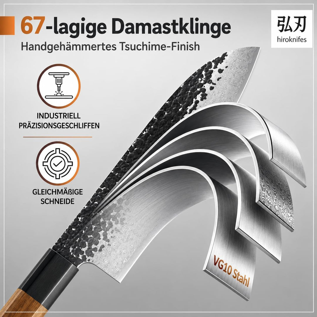 Santoku Messer 18 cm – Damastmesser Küchenmesser 67 Lagen VG10 Stahl – Japanisches Kochmesser mit Ts