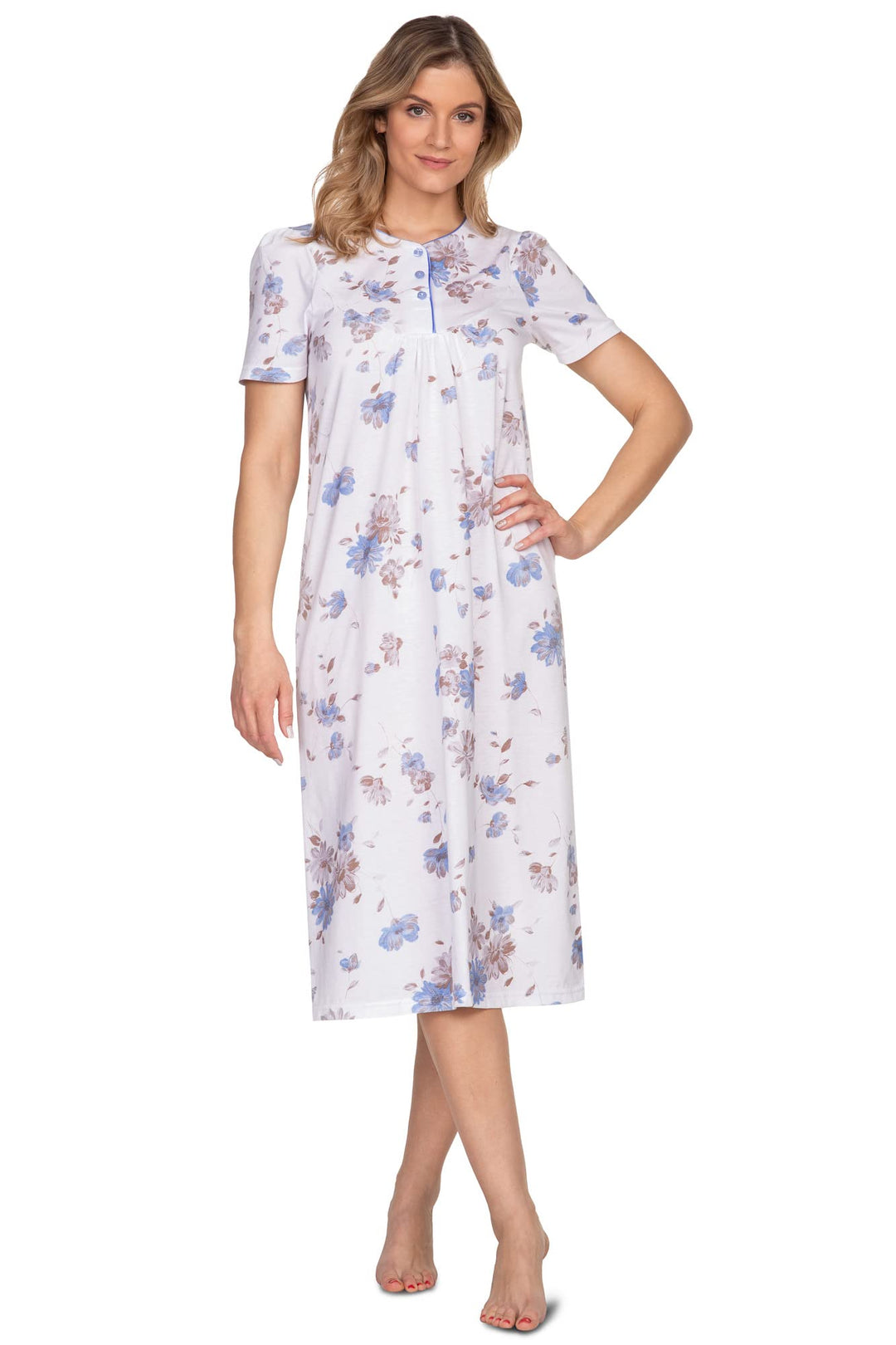 e.Femme® Damen Nachthemd Kate 2348 Kurzarm, 100% Baumwolle Weiss/Blau 36, Weiss/Blau 36