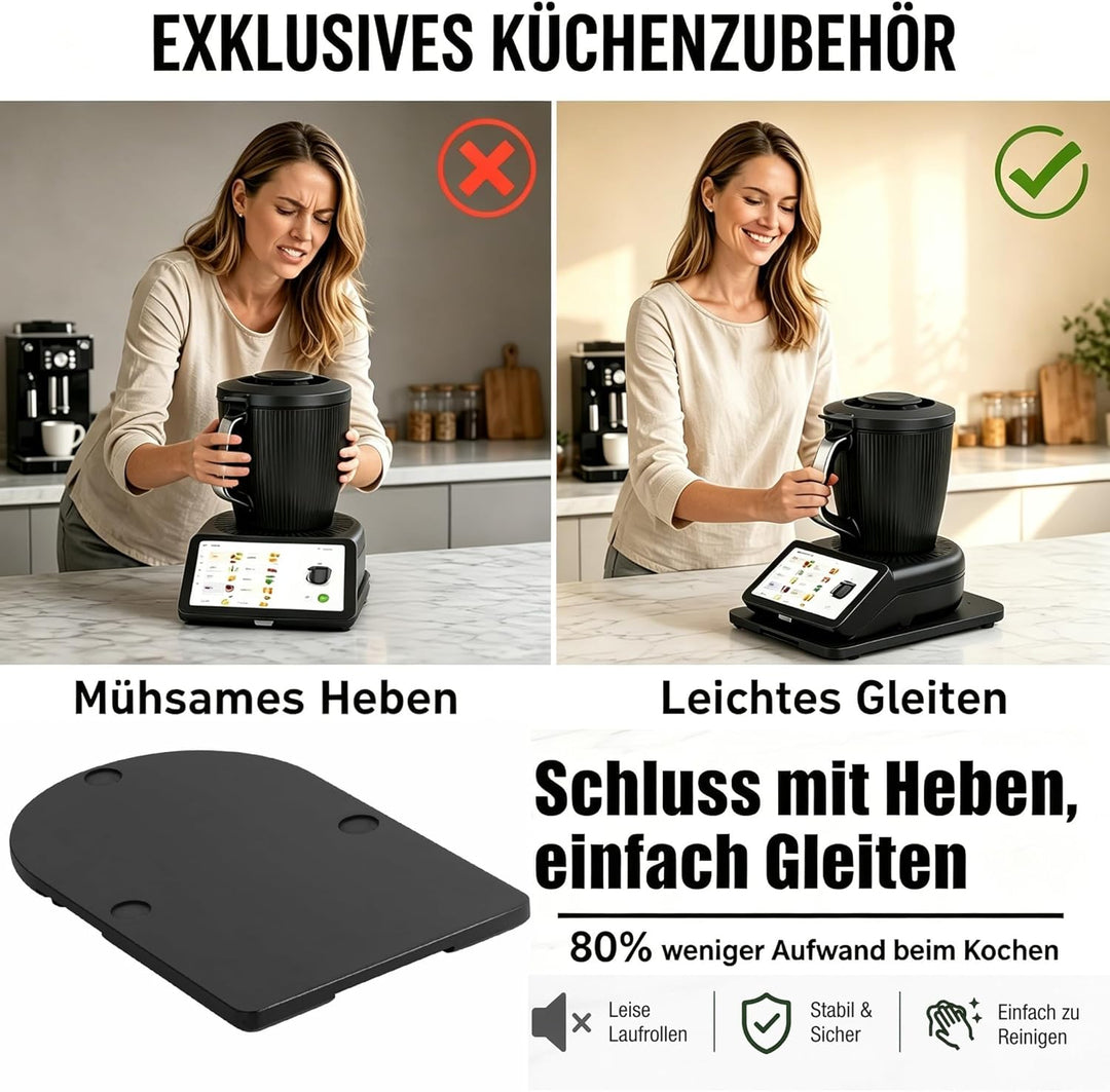 Bambus Gleitbrett für Thermomix TM7 mit Rollen Leicht zu Bewegen, Stabiler Halt & Glatte Splitterfre