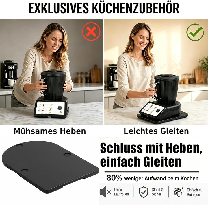 Bambus Gleitbrett für Thermomix TM7 mit Rollen Leicht zu Bewegen, Stabiler Halt & Glatte Splitterfre