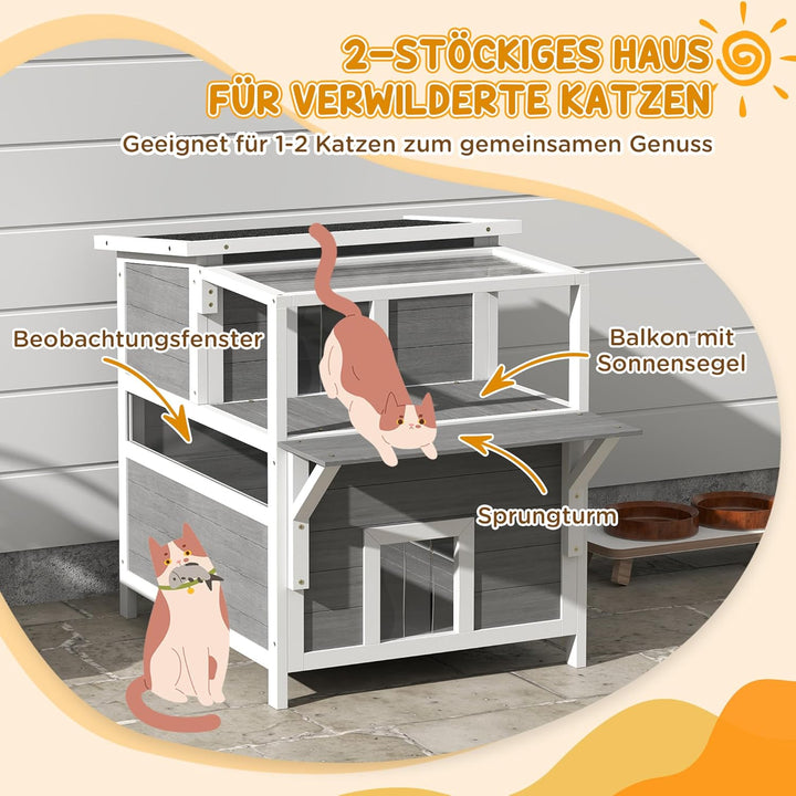 PawHut Katzenhaus aus Holz 2-Etagen Katzenhöhle für Draussen, Katzenhütte mit Aufklappbar Asphaltdac