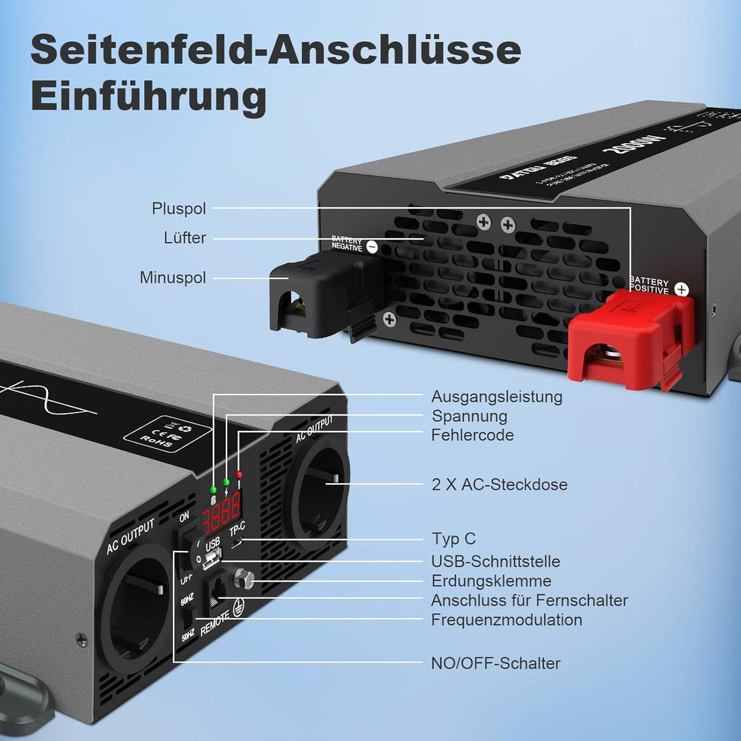 DATOUBOSS Wechselrichter 2000W 12V auf 230V, Reiner Sinus Spannungswandler, Power Inverter mit 2 AC-