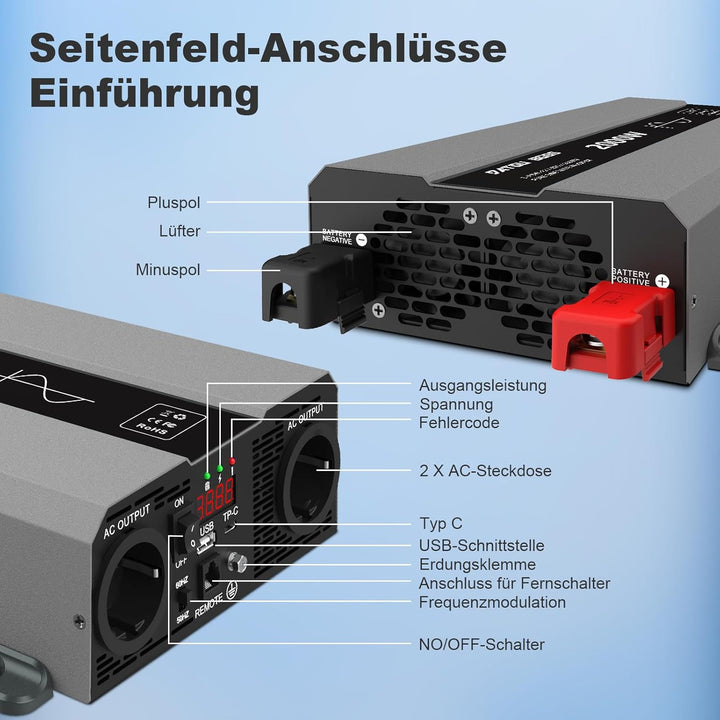DATOUBOSS Wechselrichter 2000W 12V auf 230V, Reiner Sinus Spannungswandler, Power Inverter mit 2 AC-