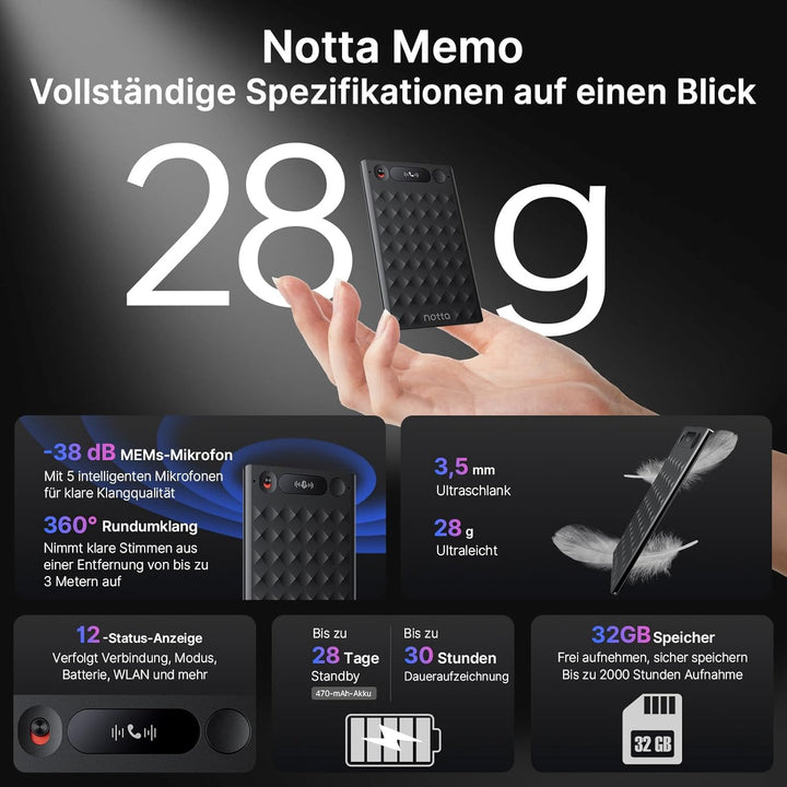 KI-Sprachrecorder, Notta Memo Digitales Diktiergerät(Schwarz), inkl. Memo MagBridge, KI-Transkriptio