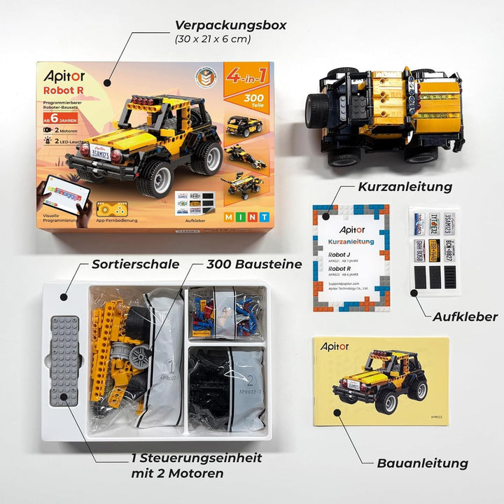 Apitor Robot R Programmierbarer Roboter für Kinder, 4-in-1 Off-Roader-Spielzeugauto Bausatz, App-Fer