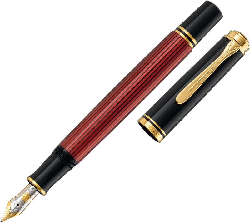 Pelikan Füllhalter Souverän 400, Schwarz-Rot, Feder F (fein), hochwertiger Kolbenfüller im Geschenk-