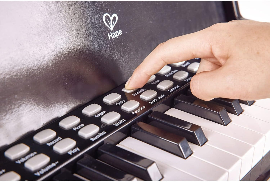 Hape Leuchttasten-Piano mit Hocker und Notenhalter, Musikspielzeug aus Holz, ab 3 Jahren, Schwarz