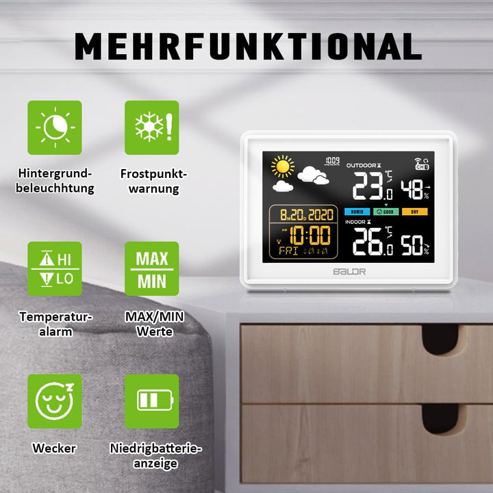 Konsen Wetterstation funk mit Aussensensor DCF Funkuhr, Farbdisplay mit grossen Zahlen von Innen und