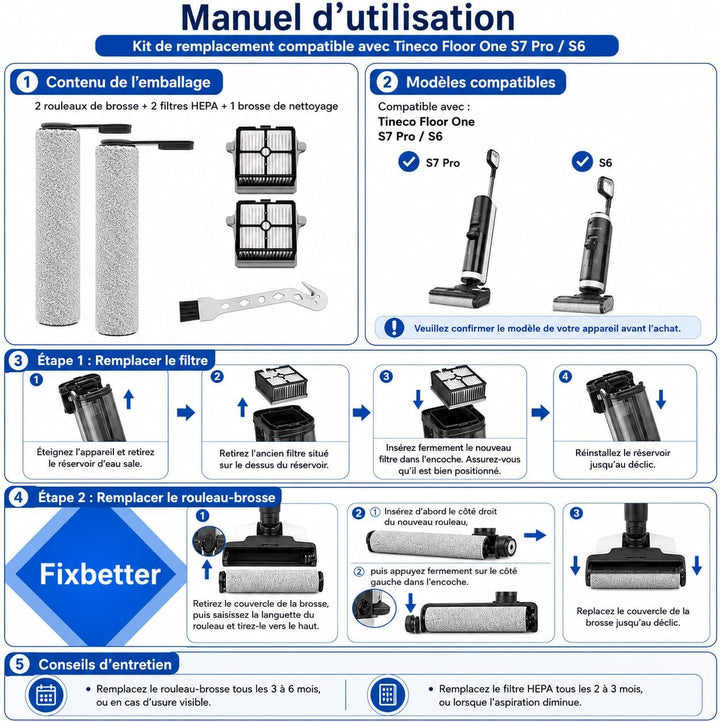 Fixbetter Ersatzbürstenrolle und HEPA-Filter passend für Tineco FLOOR ONE S7 PRO/FLOOR ONE S6 Akku-N