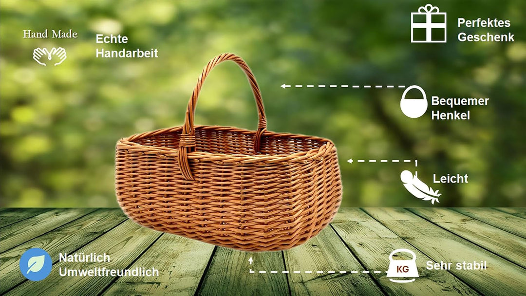 MyBer® Korb Weidenkorb Einkaufskorb Picknickkorb 33/23/13cm (27 mit Henkel) Stabiler Tragekorb aus W