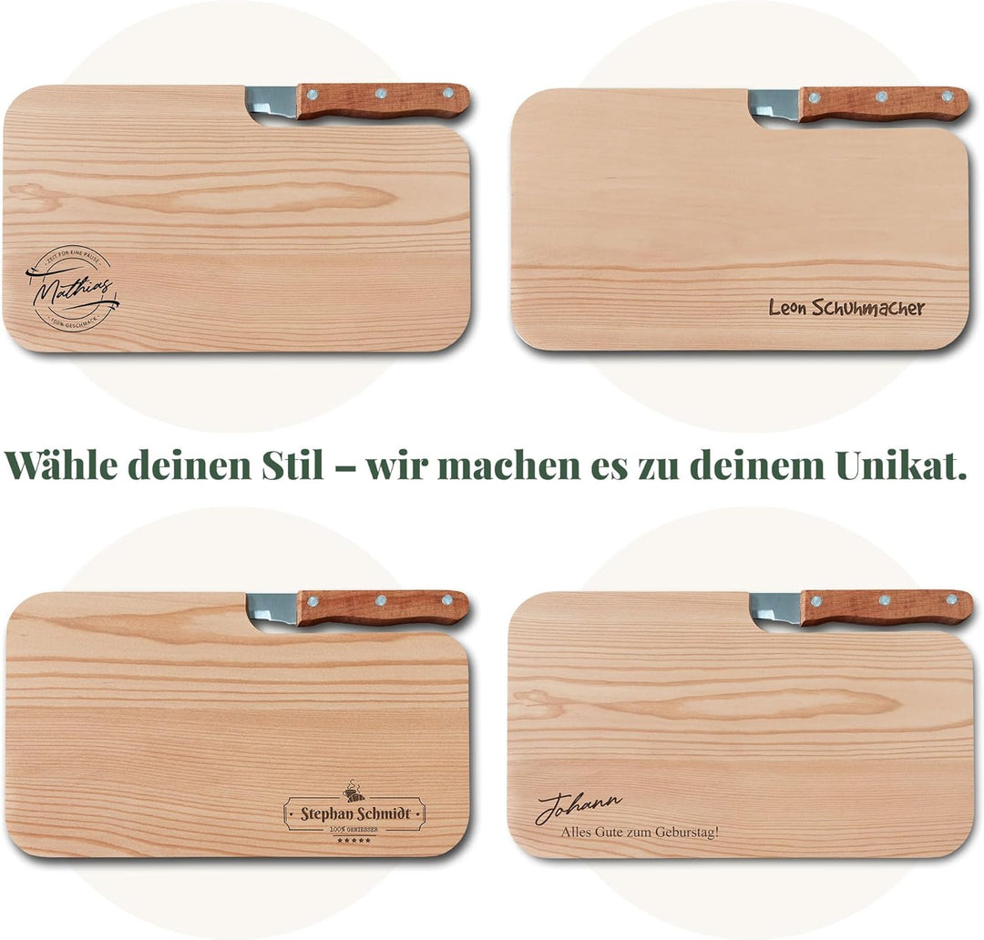 Personalisiertes Frühstücksbrettchen mit Messer, Wunsch-Name oder Text graviert – Geschenk-Idee Gebu