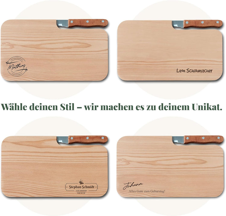 Personalisiertes Frühstücksbrettchen mit Messer, Wunsch-Name oder Text graviert – Geschenk-Idee Gebu