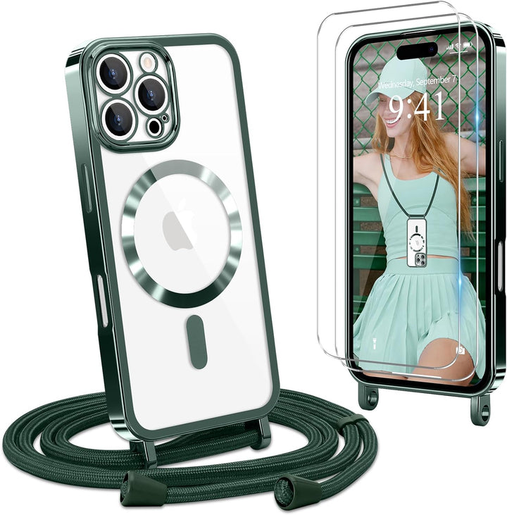 Handyband für iPhone 16 Pro Max Hülle mit Band + 2 Stück Glas Schutzfolie Transparent Silikon Handyh
