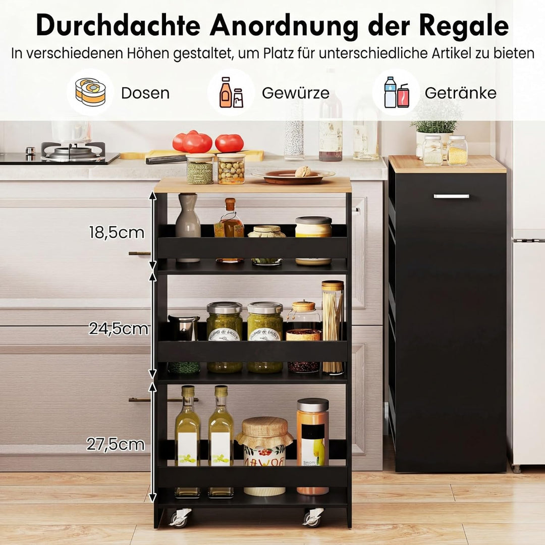 COSTWAY Nischenwagen 30cm breit, 4 Etagen Küchenwagen schmal, Nischenregal auf Rollen, Servierwagen