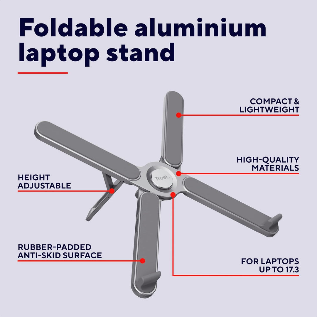 Trust Macy Faltbarer Laptop Ständer 17.3 Zoll, Aluminium Klappbarer Laptop Halter, In 7 Stufen Höhen
