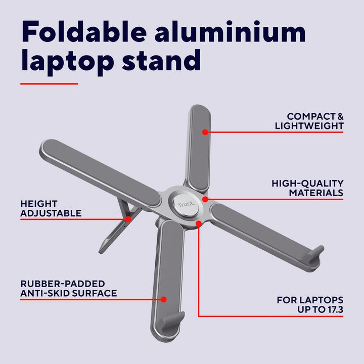 Trust Macy Faltbarer Laptop Ständer 17.3 Zoll, Aluminium Klappbarer Laptop Halter, In 7 Stufen Höhen