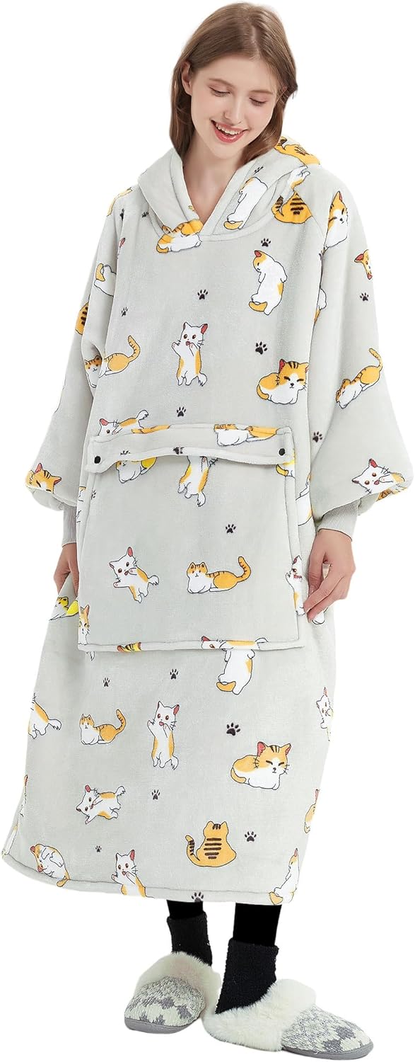 KFUBUO Tragbare Decke Hoodie für Erwachsene Sherpa Alle Muster Katze Übergrosse Sweatshirt Decke mit
