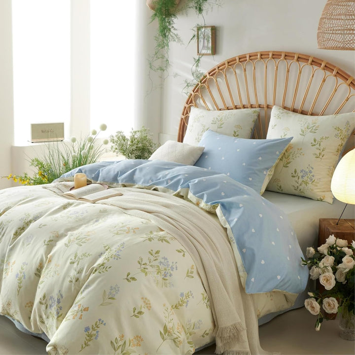 Freyamy Blumen Bettwäsche 135x200cm 2teilig Baumwolle Beige Bunt Floral Blätter Pflanzen Wendebettwä