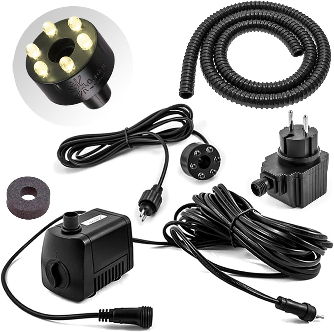 CLGarden Springbrunnenpumpe Set SP1-S mit warmweisser LED Beleuchtung Schlauch Dichtung für Springbr