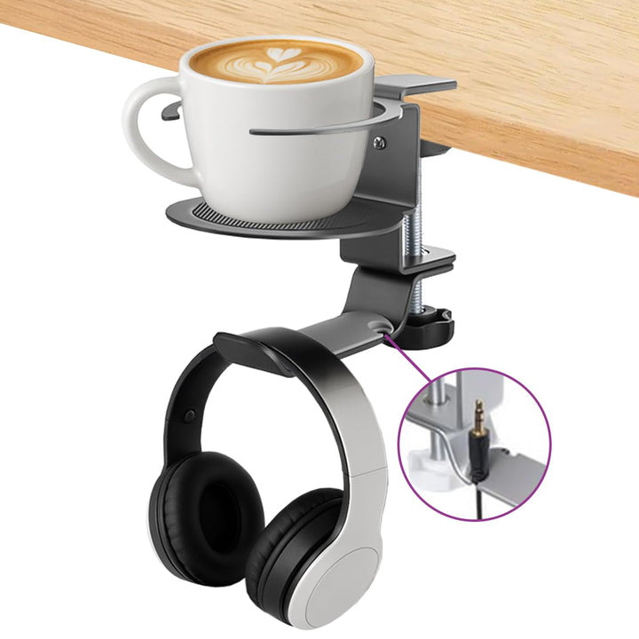 Spacetronik 2-in-1 Headset Halterung & Getränkehalter Tisch – Schwenkbarer Kopfhörer Halter mit Kabe