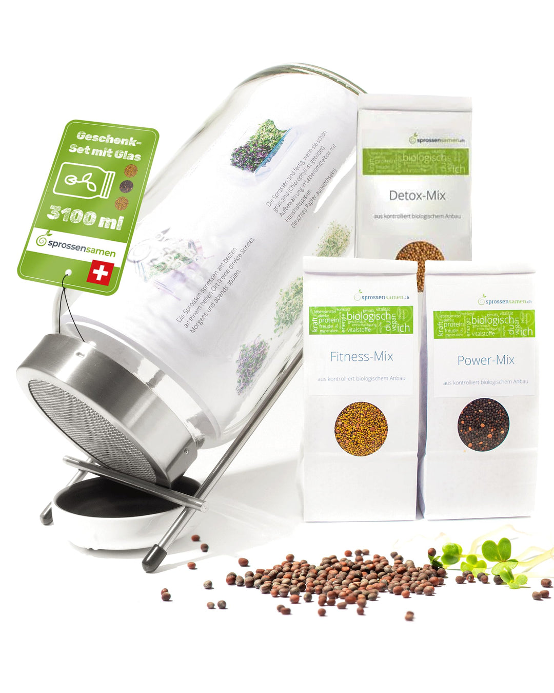 biosprosser Sprossenglas Set 3100ml mit Geschenkset - Bio Fitness-Mix & Power-Mix & Detox-Mix je 75g