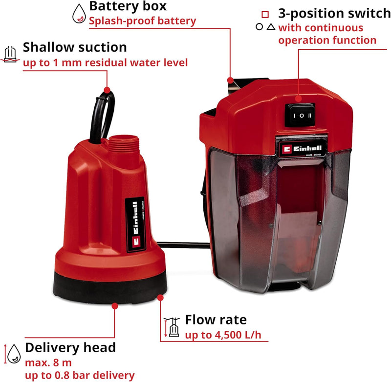 Einhell Akku-Klarwasserpumpe GE-SP 18 LL Li (1x4,0Ah) Power X-Change (Li-Ion, 18 V, max. 4500 L/h, f