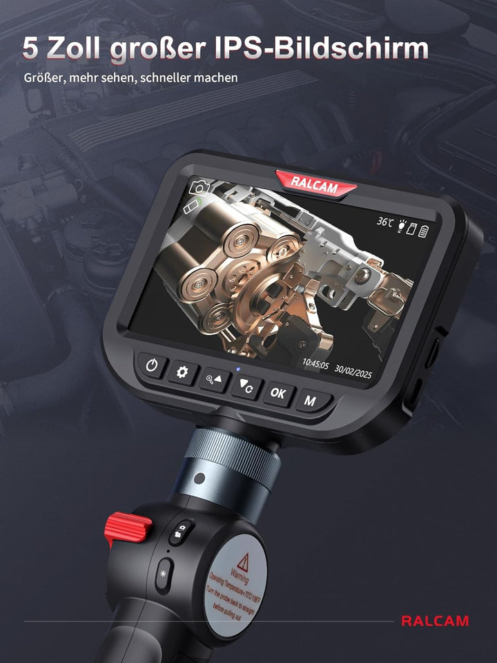 Ralcam Endoskopkamera mit Licht, Endoscope Camera mit 180° beweglichem Kopf, 6,5mm Dual-Sonde, 5" HD