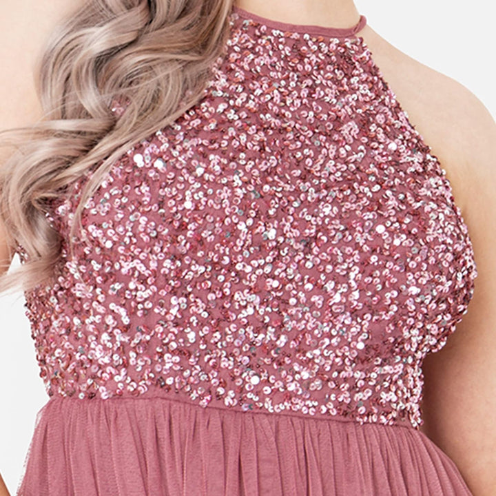 Maya Deluxe Damen Embellished Halter Neck Midi Bridesmaid Dress, Desert Rose