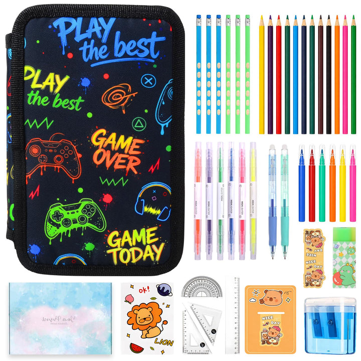 Federmäppchen Jungen 41 Teilig, 3 Fach Gaming Federtasche | Stiften, Textmarker, Radierer, Lineal Se