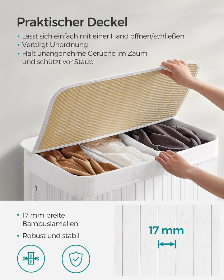 SONGMICS 150L Wäschekorb, Wäschebox mit Deckel, Wäschesortierer, aus Bambus, mit Griffen, 3 Fächern,
