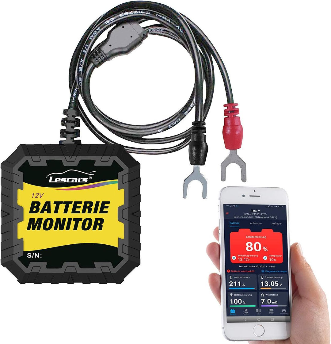 Lescars Batteriewächter 12V: Kfz-Batterietester und -Wächter für 12 Volt, mit Bluetooth & App, IP65